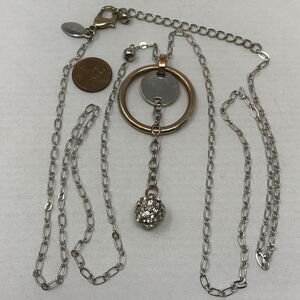 CHICO'S Pendant Necklace Metal Circle & Dangle Crystal Sphere on Long Chain